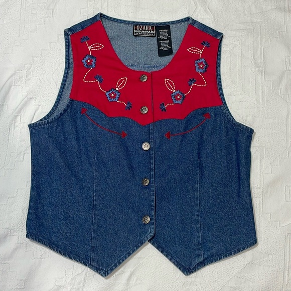 Vintage Embroidered Button Up Denim Vest Red, White & Blue Ozark Size Medium - Picture 1 of 13